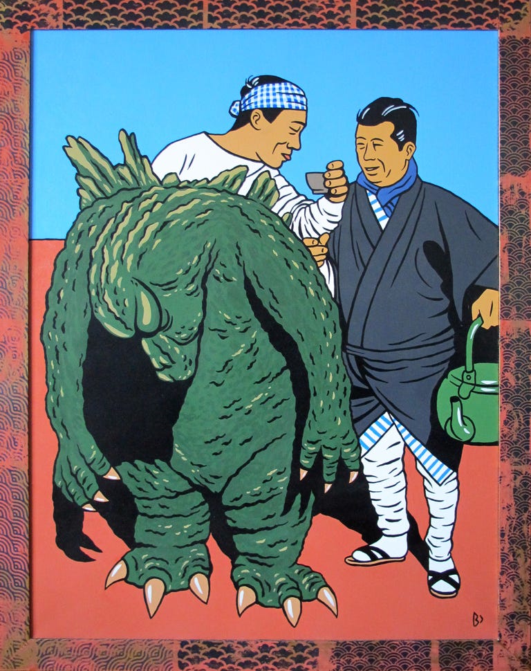 Hommage à Nakajima Haruo, le plus grand interprète de Godzilla (suitmation). Acrylique sur toile.